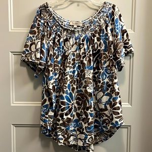 LOFT wide-neck blue and brown floral printed shirt, women’s size XL